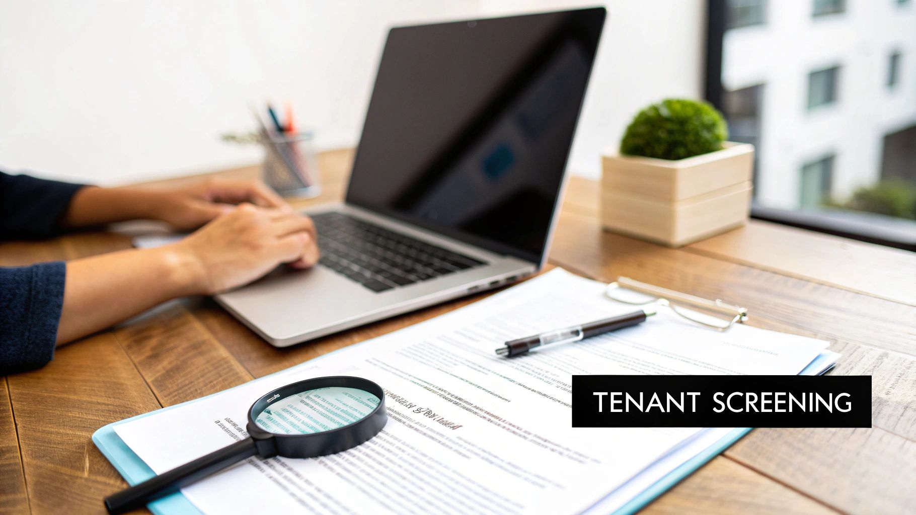 A person types on a laptop next to documents, a magnifying glass, and a &#39;TENANT SCREENING&#39; label on a wooden desk.