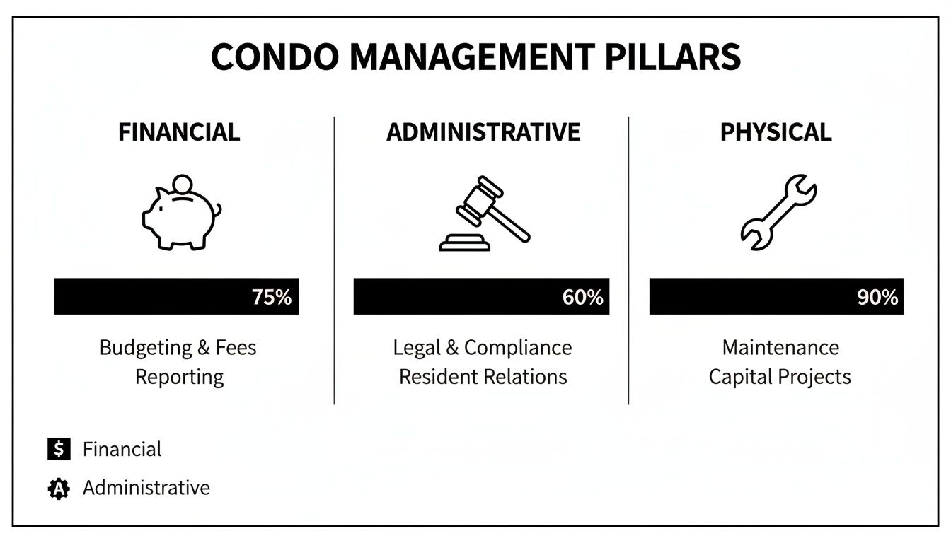 A diagram outlining three condo management pillars: Financial (75%), Administrative (60%), and Physical (90%), with subcategories.
