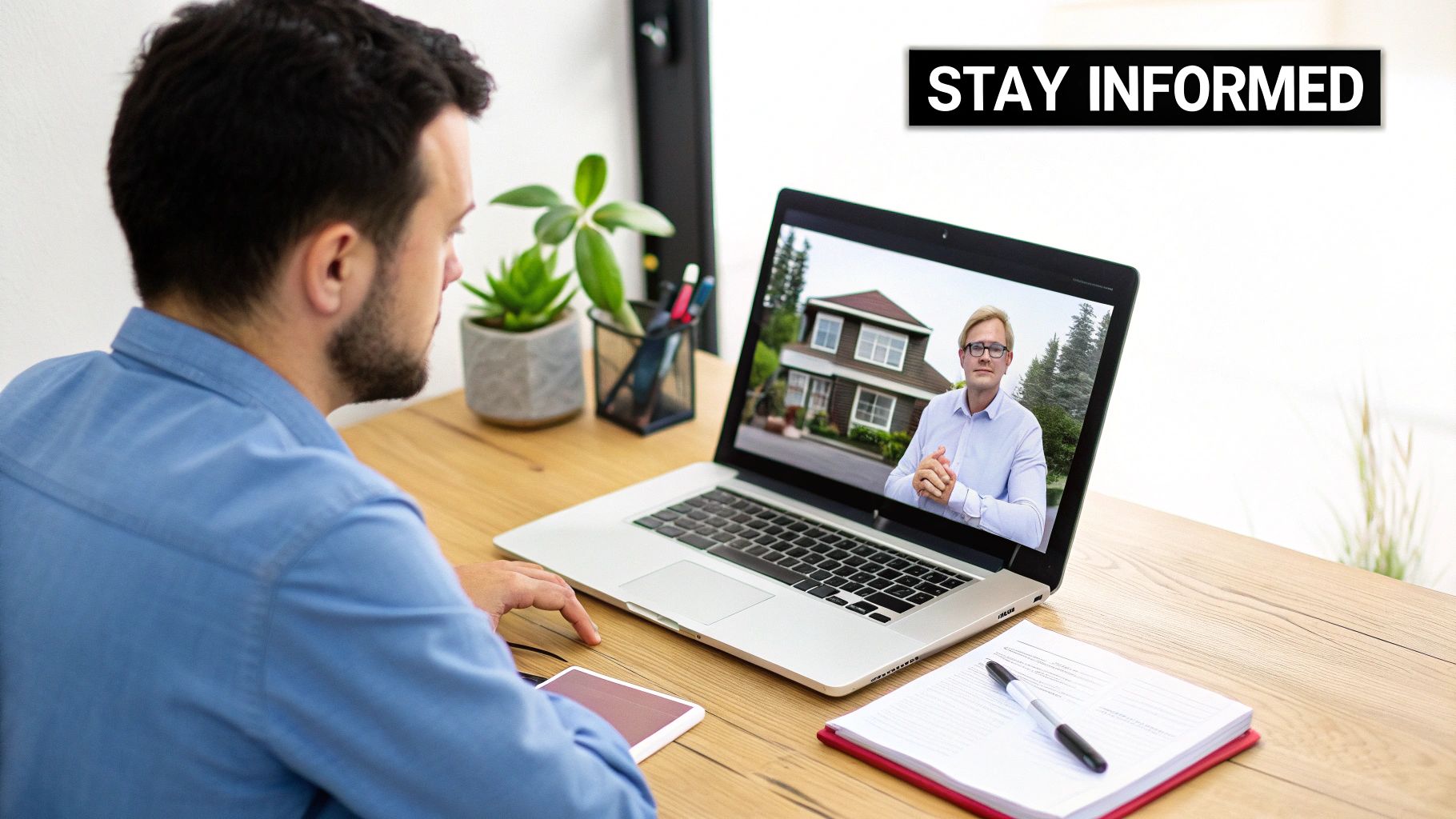 Man watching a real estate agent present a house on a laptop, with text &#39;STAY INFORMED&#39;.