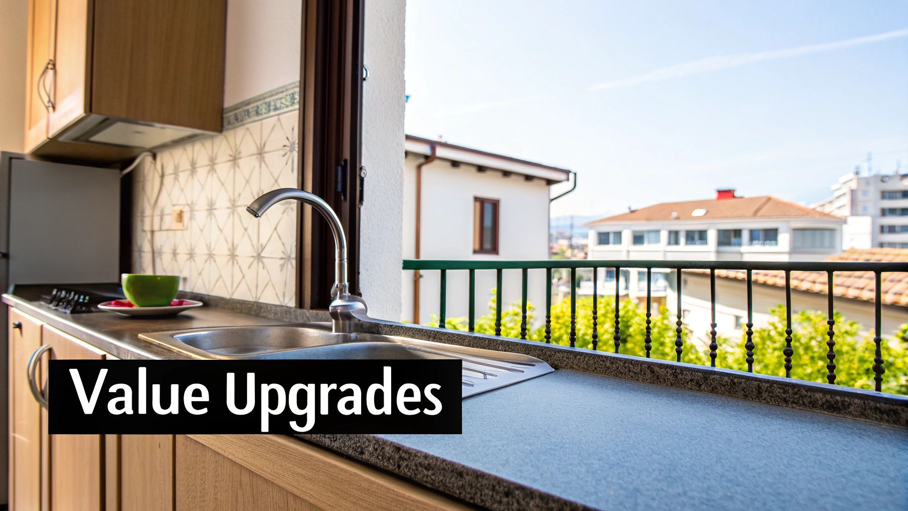 A modern, upgraded kitchen with granite countertops and stainless steel appliances.