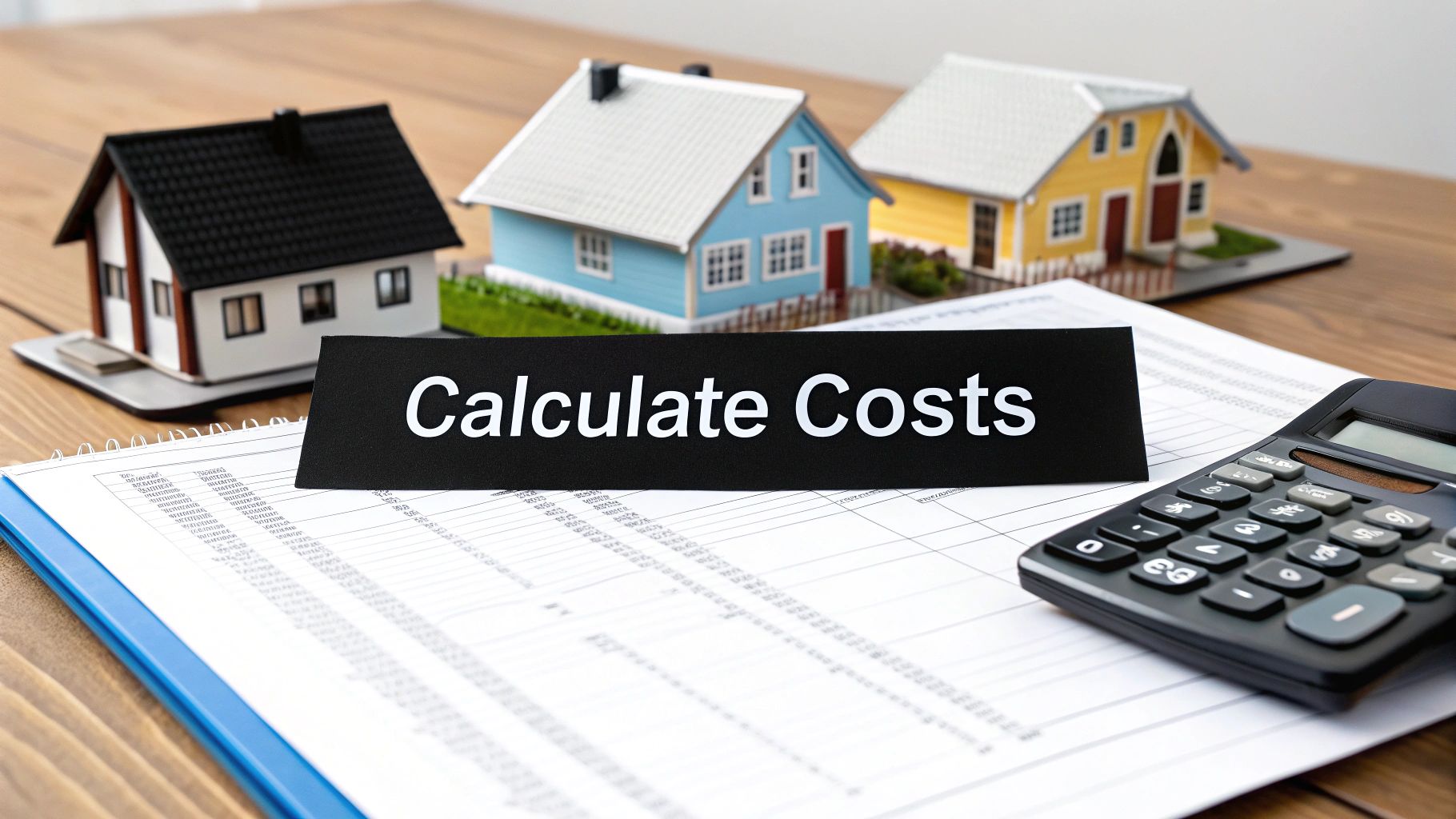 A calculator, documents, and miniature houses with a 'Calculate Costs' sign on a wooden table.