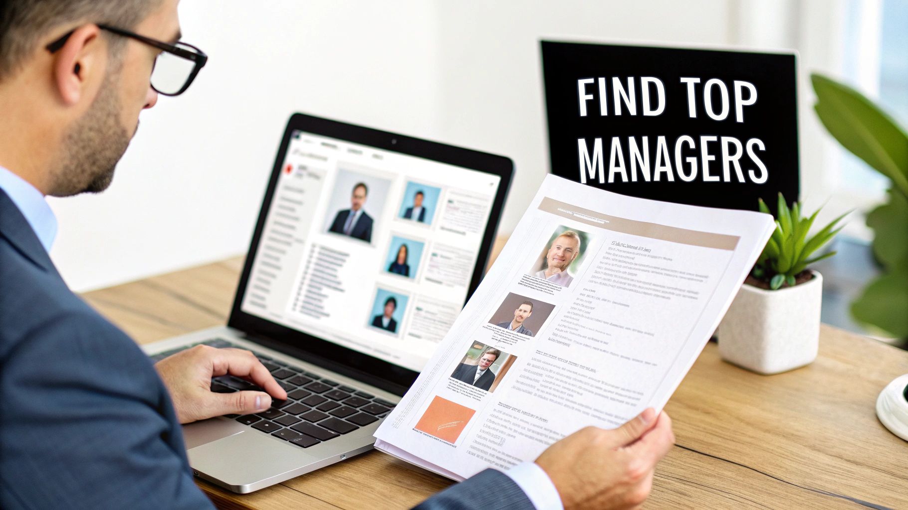 A man in glasses reviews resumes on a laptop and paper, with a "FIND TOP MANAGERS" sign.