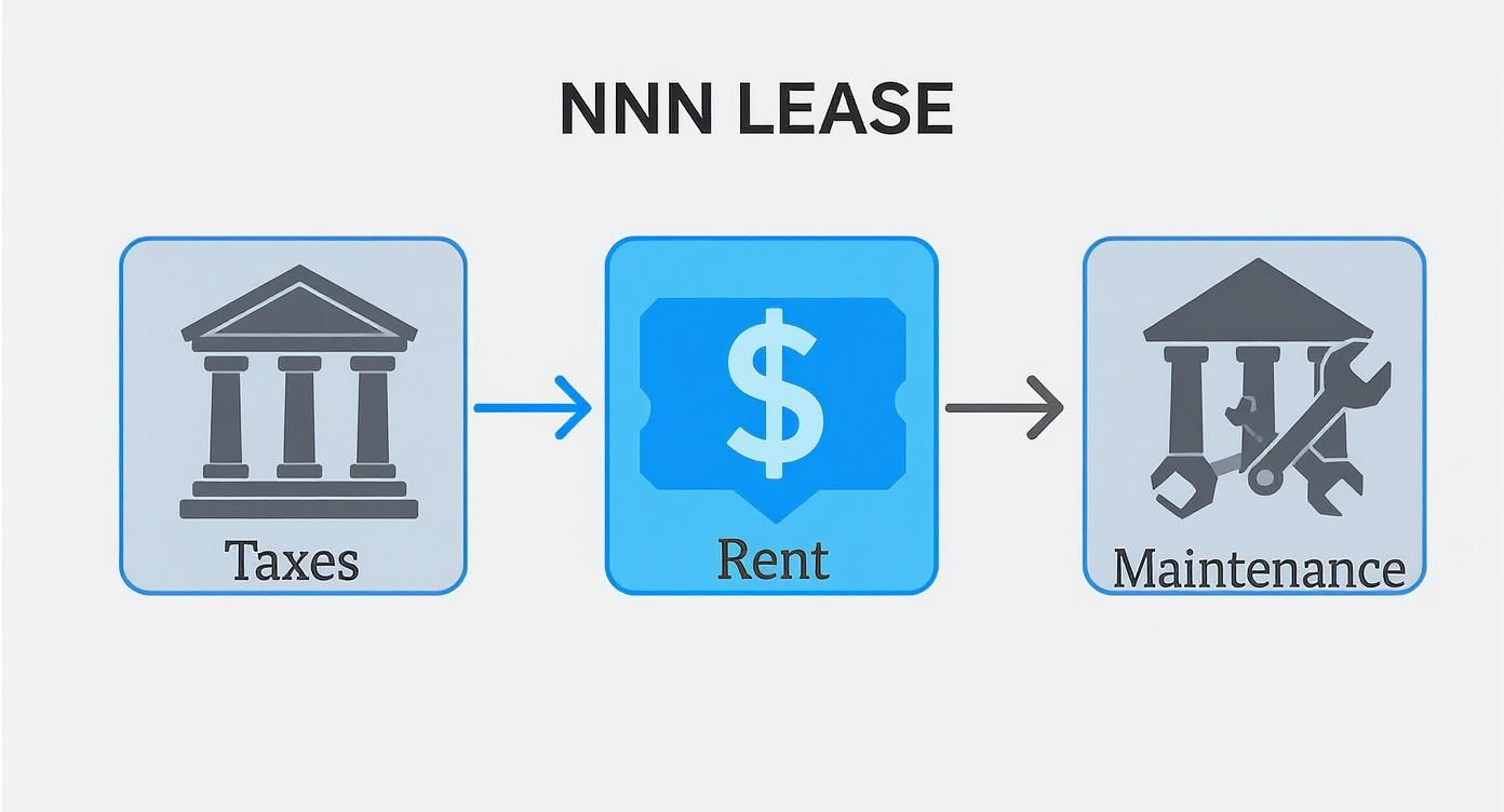 Diagram illustrating the three components of an NNN lease: taxes, rent, and maintenance.