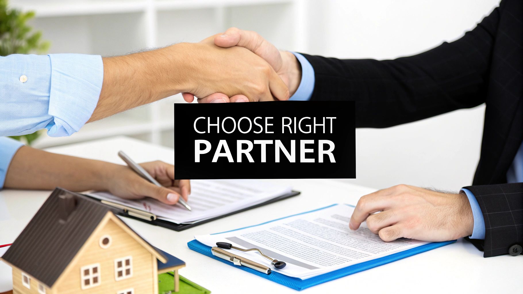 Two people shaking hands over a table with documents and a house model, with text 'CHOOSE RIGHT PARTNER'.