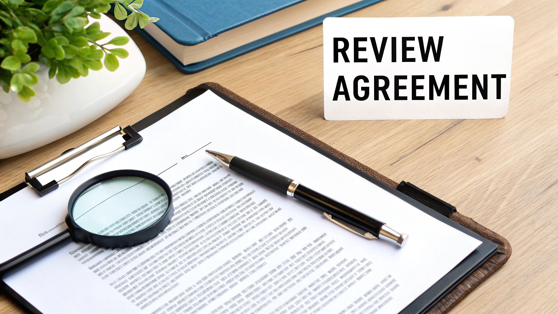 A desk with a document, pen, magnifying glass, and a card reading "REVIEW AGREEMENT".