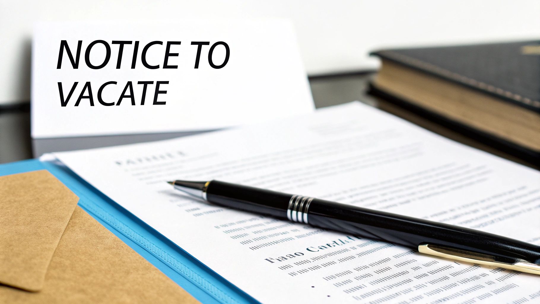 A 'NOTICE TO VACATE' document is prominently displayed on a desk, alongside a pen, papers, and an envelope, signifying a lease termination.