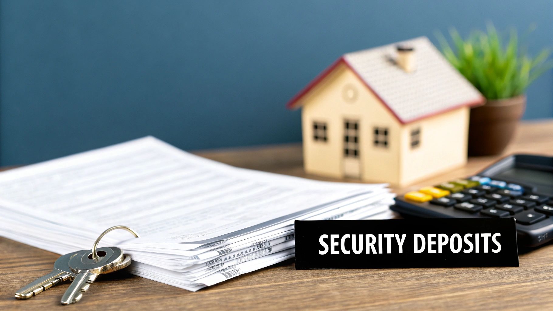 A model house, keys, and documents with a 'SECURITY DEPOSITS' sign, representing real estate finance.
