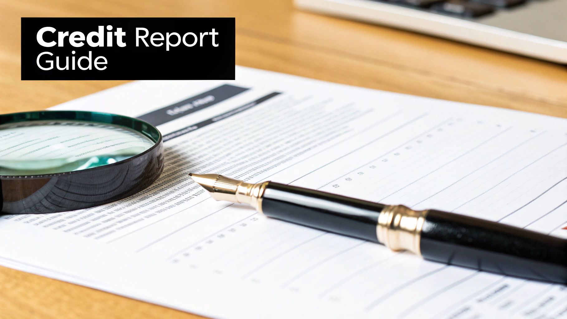 Magnifying glass, pen, and credit report document on a desk for review, titled 'Credit Report Guide'.