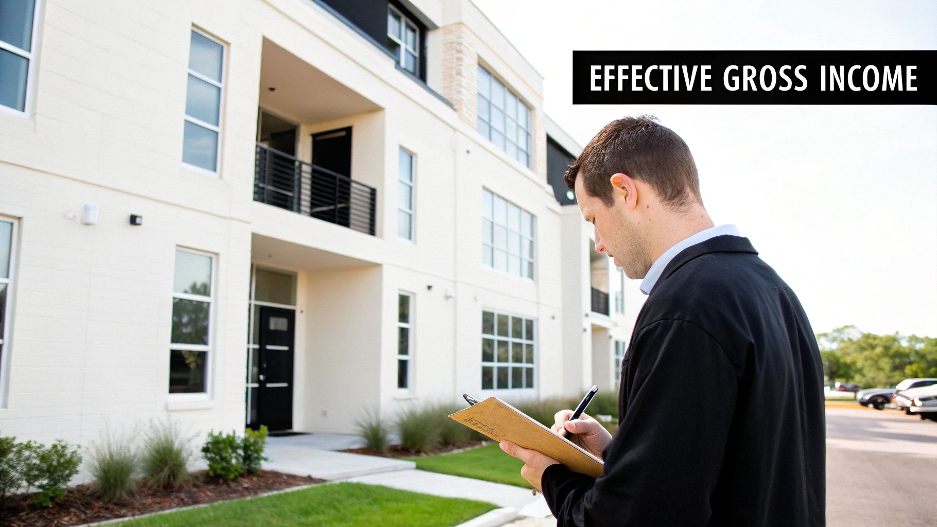 A man in a suit inspects an apartment building, writing on a clipboard, referencing effective gross income.
