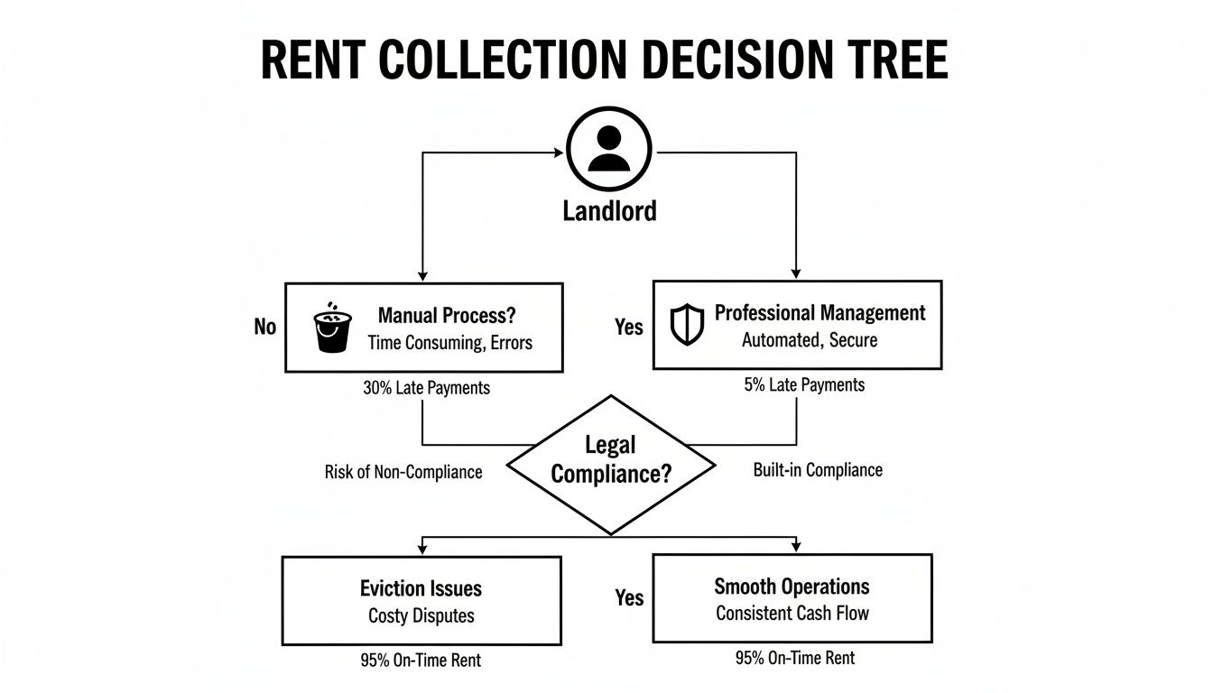 A landlord's rent collection decision tree comparing manual processes with professional management and legal compliance.