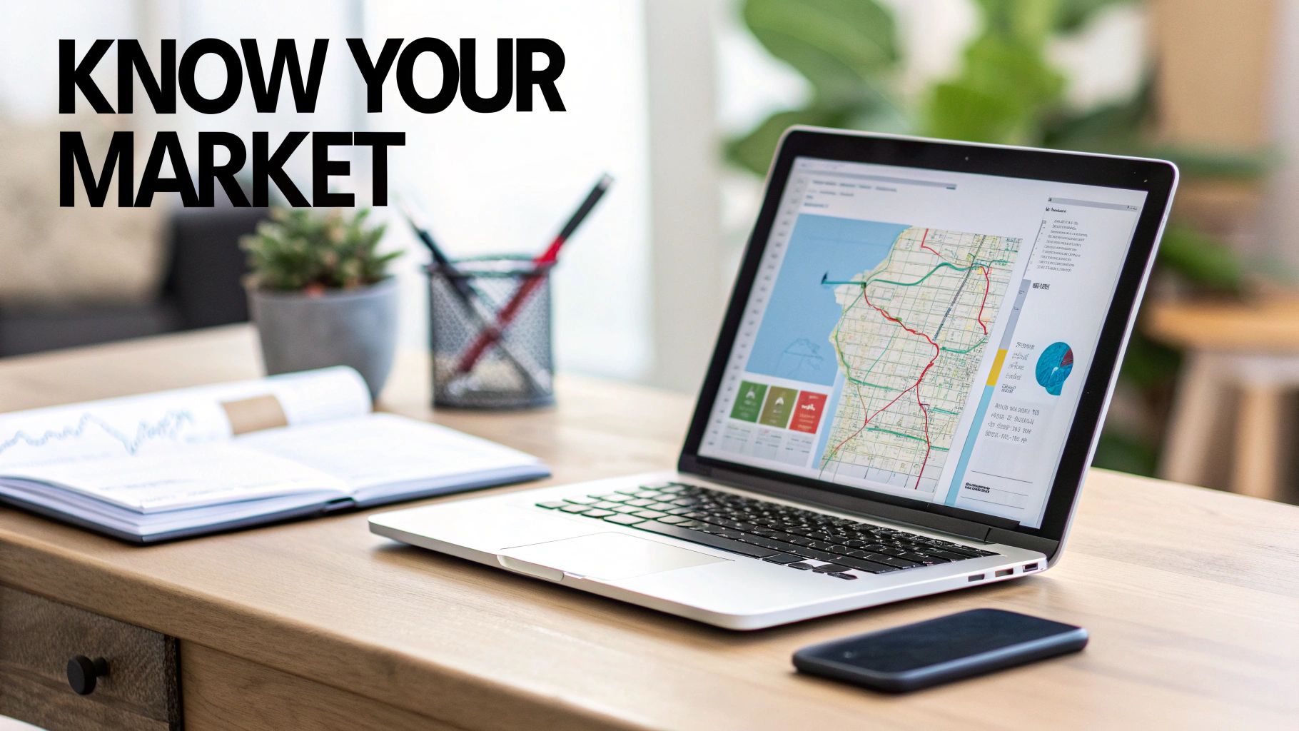 A laptop displaying market analysis maps and data, an open notebook, and a smartphone on a wooden desk.