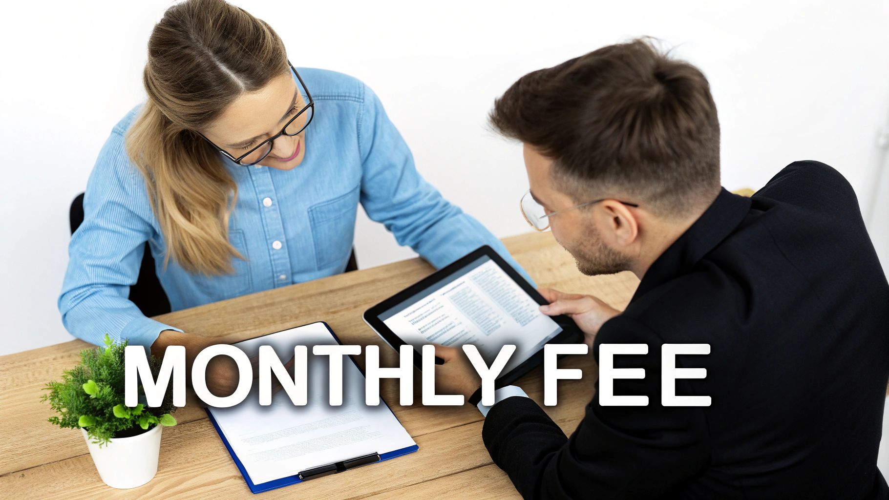Property management professionals reviewing monthly fee documents and contracts on tablet at office desk