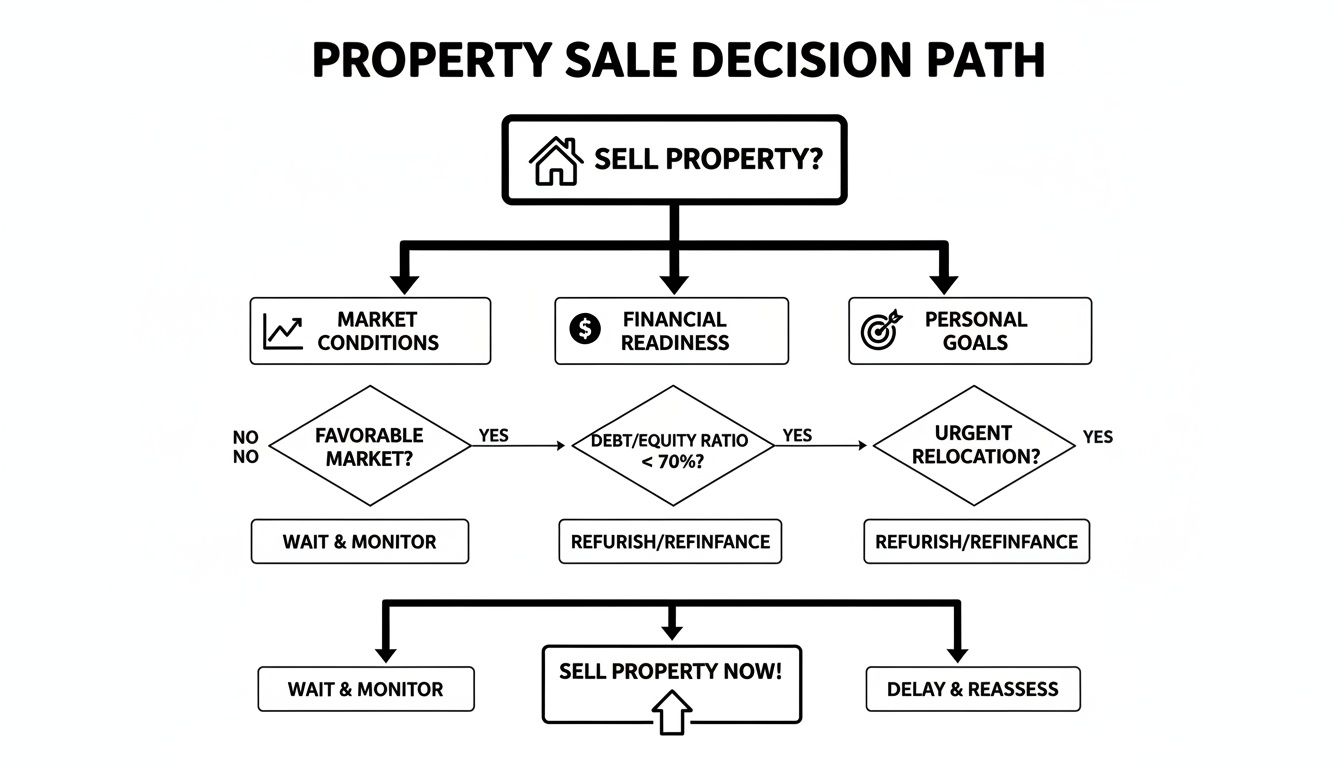 Flowchart detailing a property sale decision path based on market conditions, financial readiness, and personal goals.