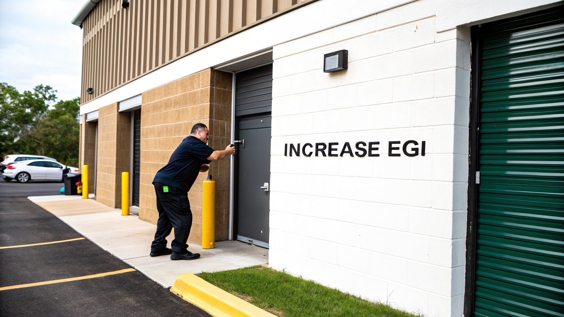 A man secures a door on a commercial building with "INCREASE EGI" written on the white wall.