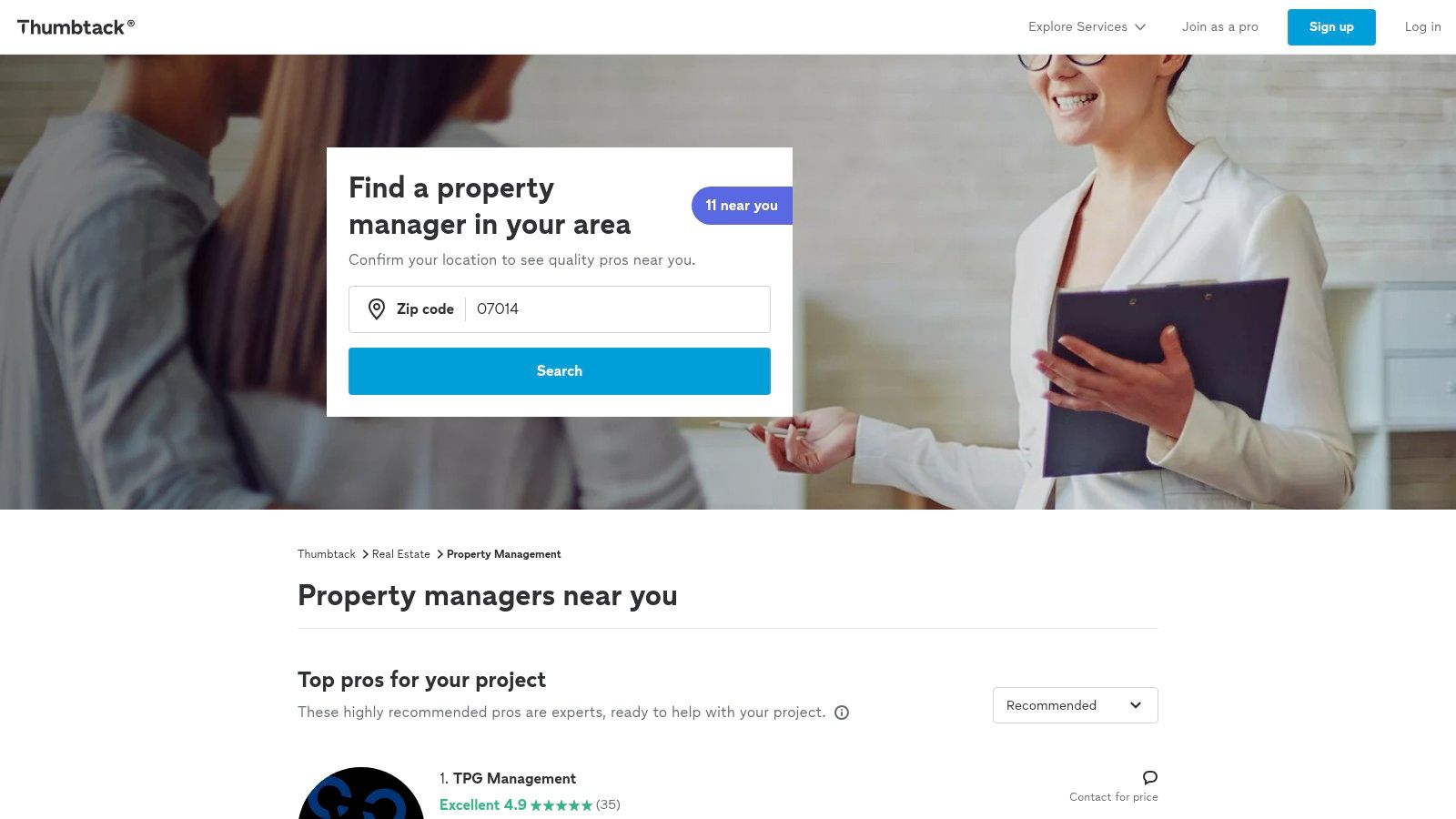 A user browsing property management professionals on the Thumbtack website.