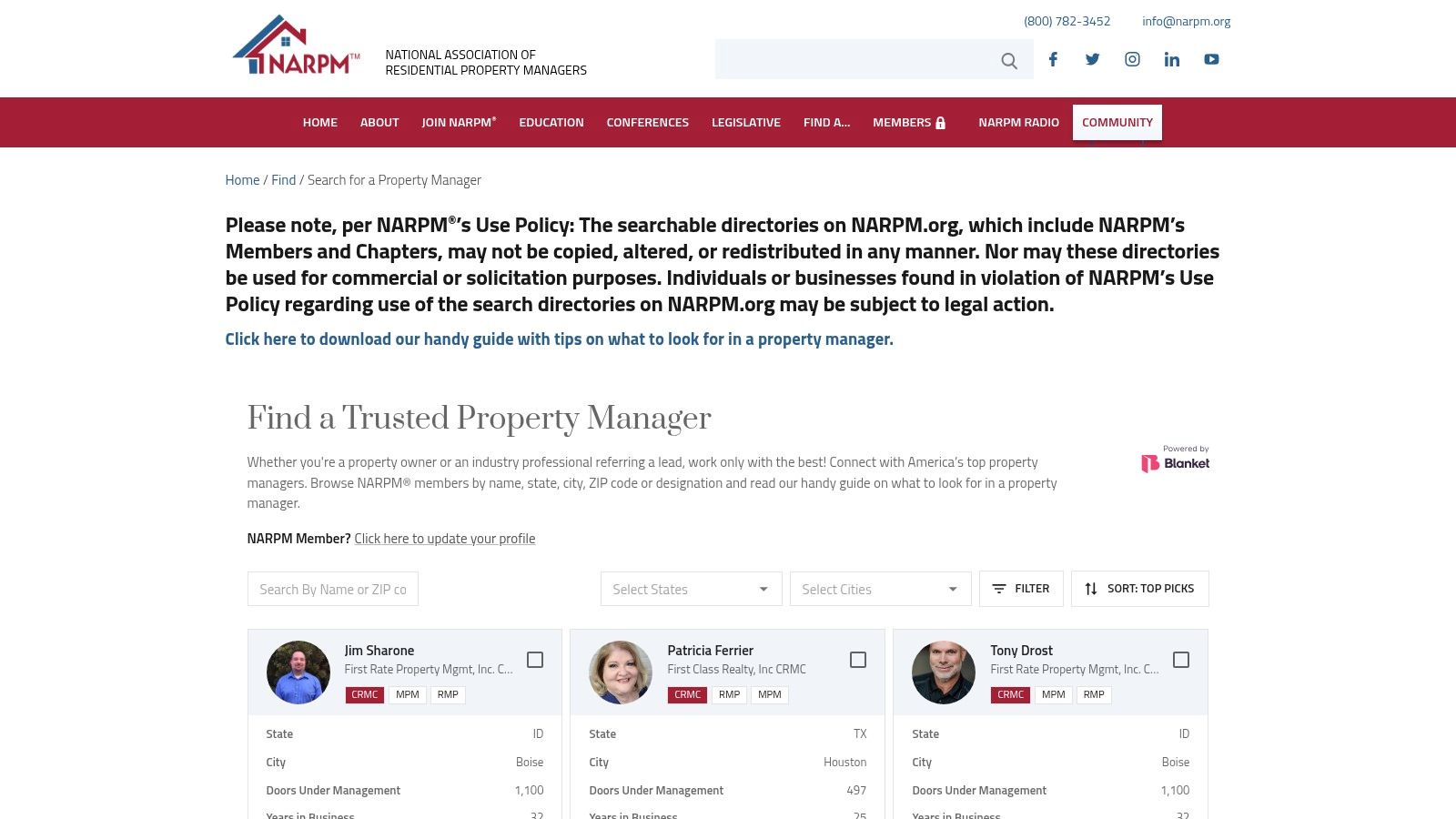 The member directory search interface on the NARPM website.