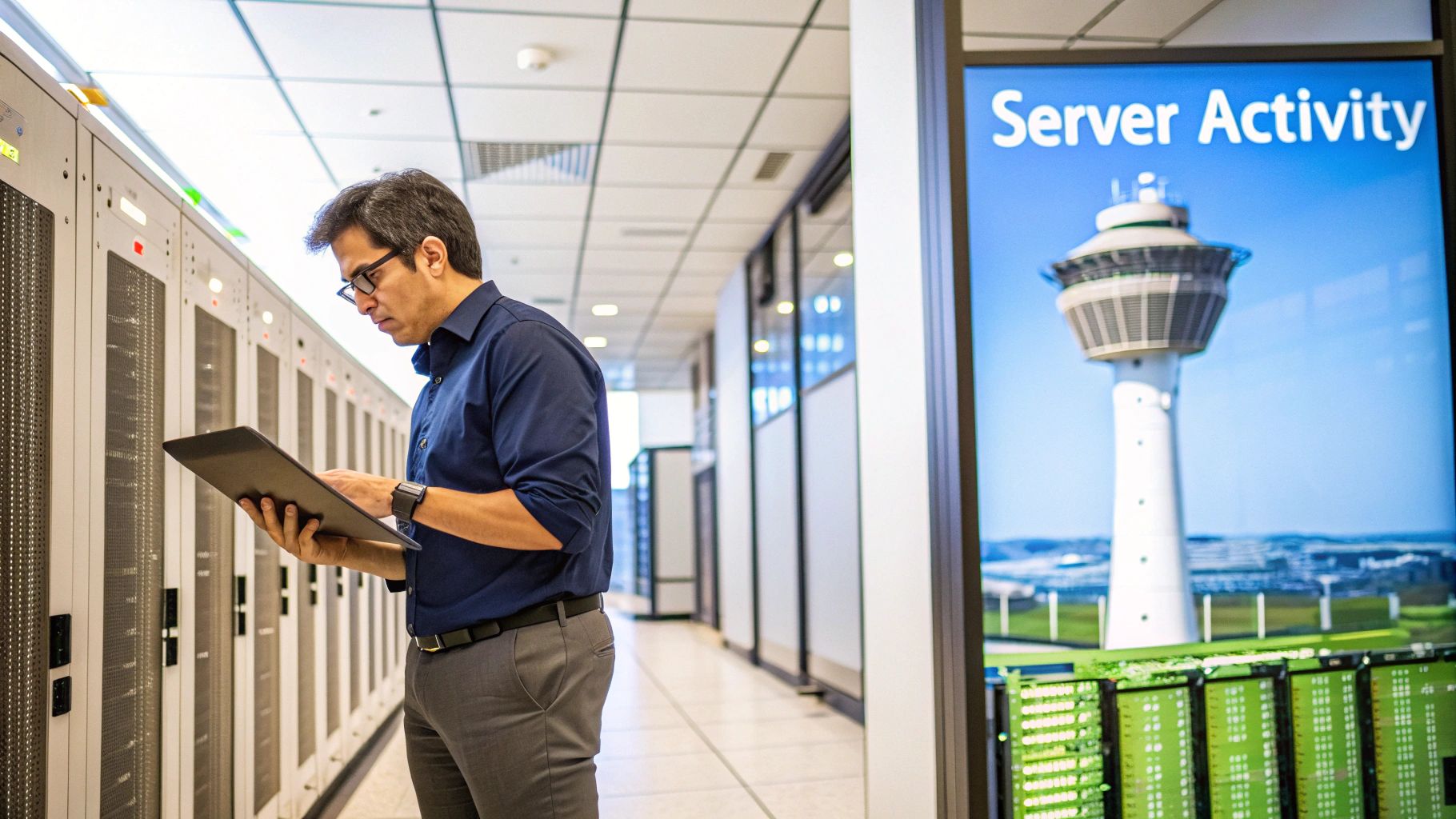 A male IT professional checks servers in a data center with a tablet, a monitor shows server activity.