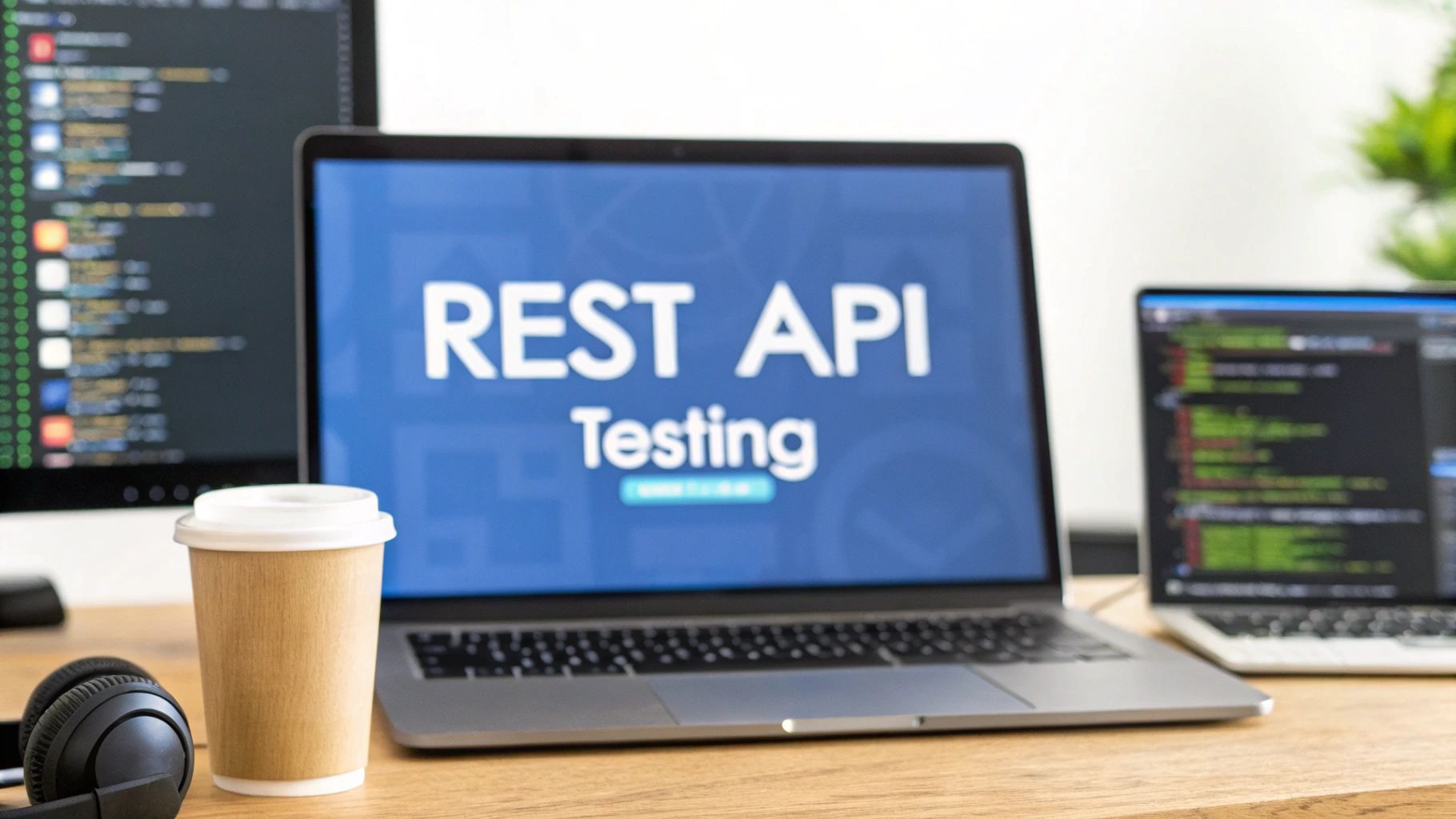 A photorealistic minimalist workspace scene with a softly blurred laptop showing terminal commands and API icons, subtle code snippets on a second monitor, featuring 'REST API Testing' text centered on a solid background block at the golden ratio position, with surrounding elements like a coffee cup and headset desaturated to keep focus on the sharp, high-contrast text
