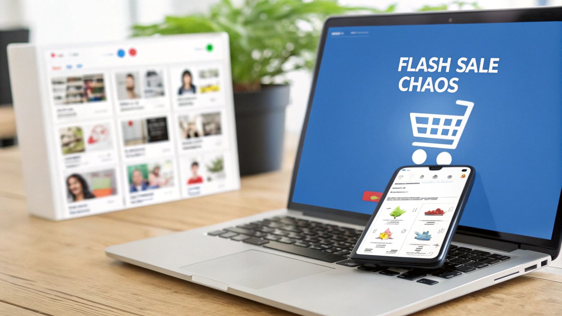 A laptop displaying a 'FLASH SALE CHAOS' screen, with a smartphone showing e-commerce products on a desk.