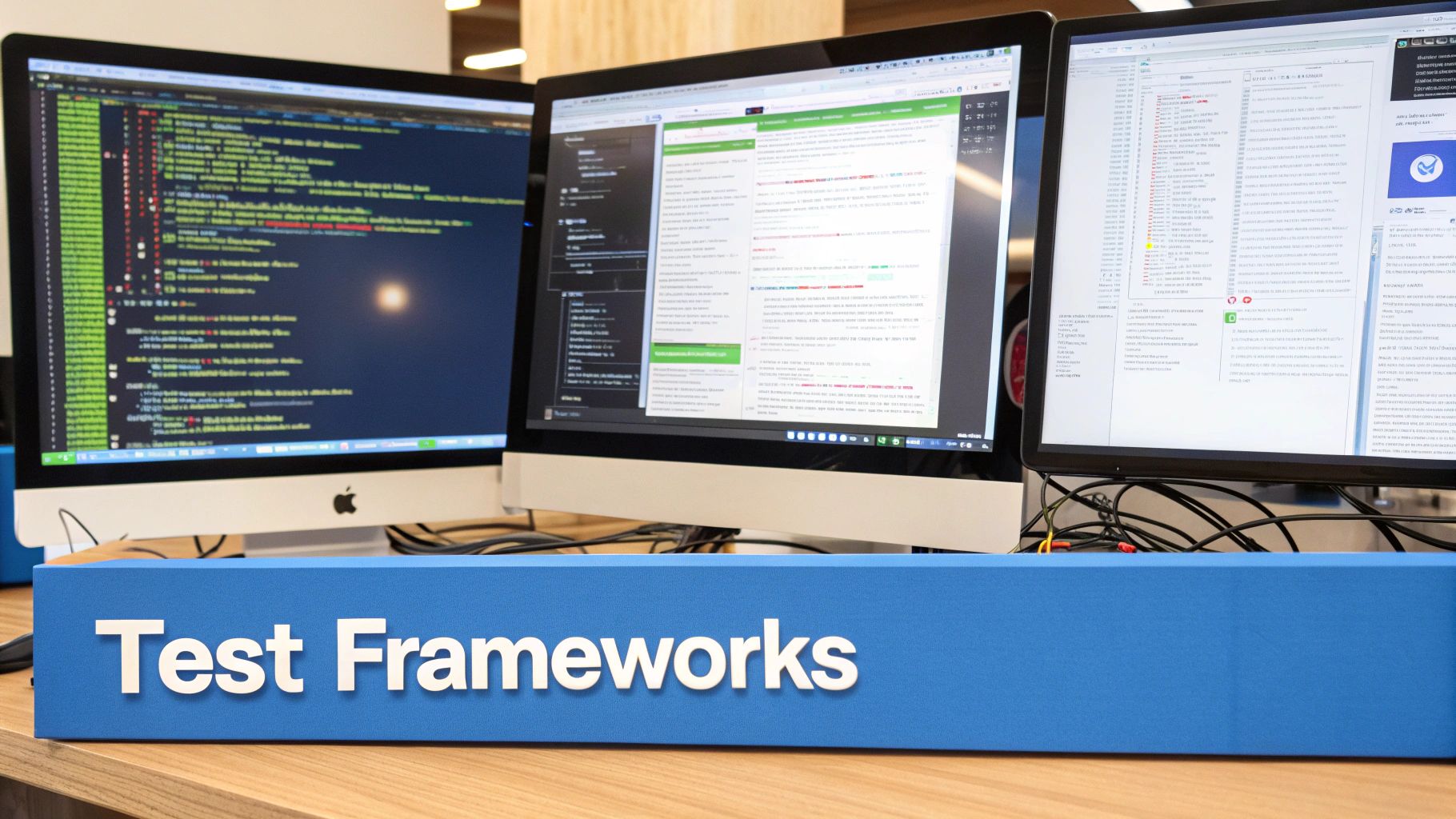 A developer at a clean desk with multiple monitors, configuring code for an API.