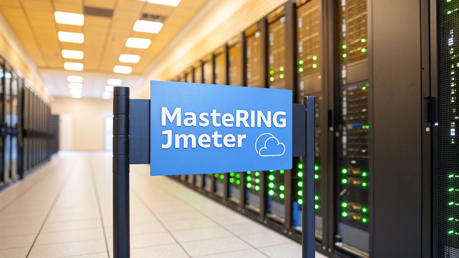 - A photo-realistic modern data center environment with server racks and glowing status lights softly blurred in the background, featuring "Mastering JMeter" text centered on a solid background block in the golden ratio position, surrounded by faint performance graphs and load-testing icons subtly integrated to support the theme