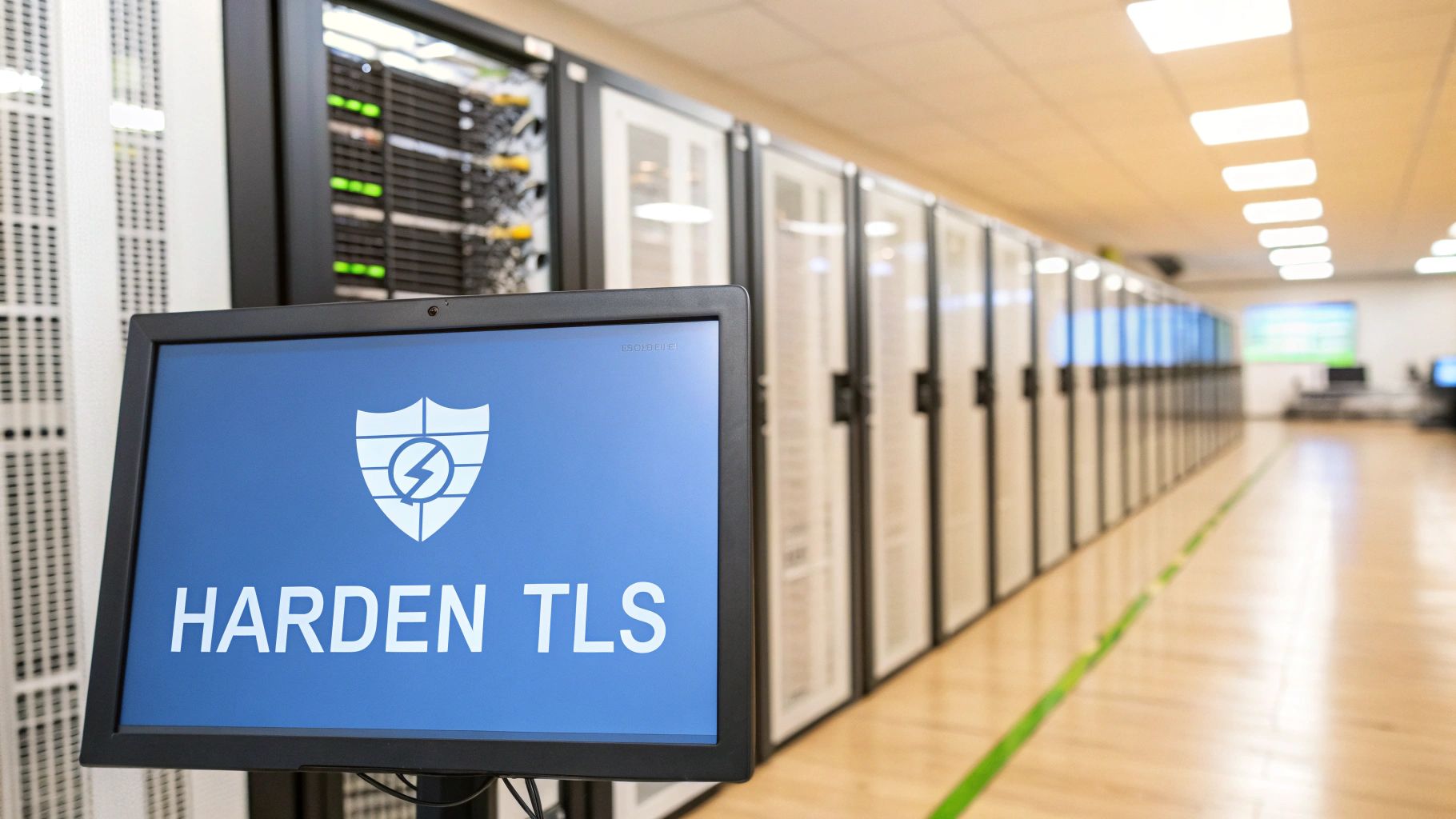 A monitor displaying 'HARDEN TLS' with a shield logo in a secure data center environment.