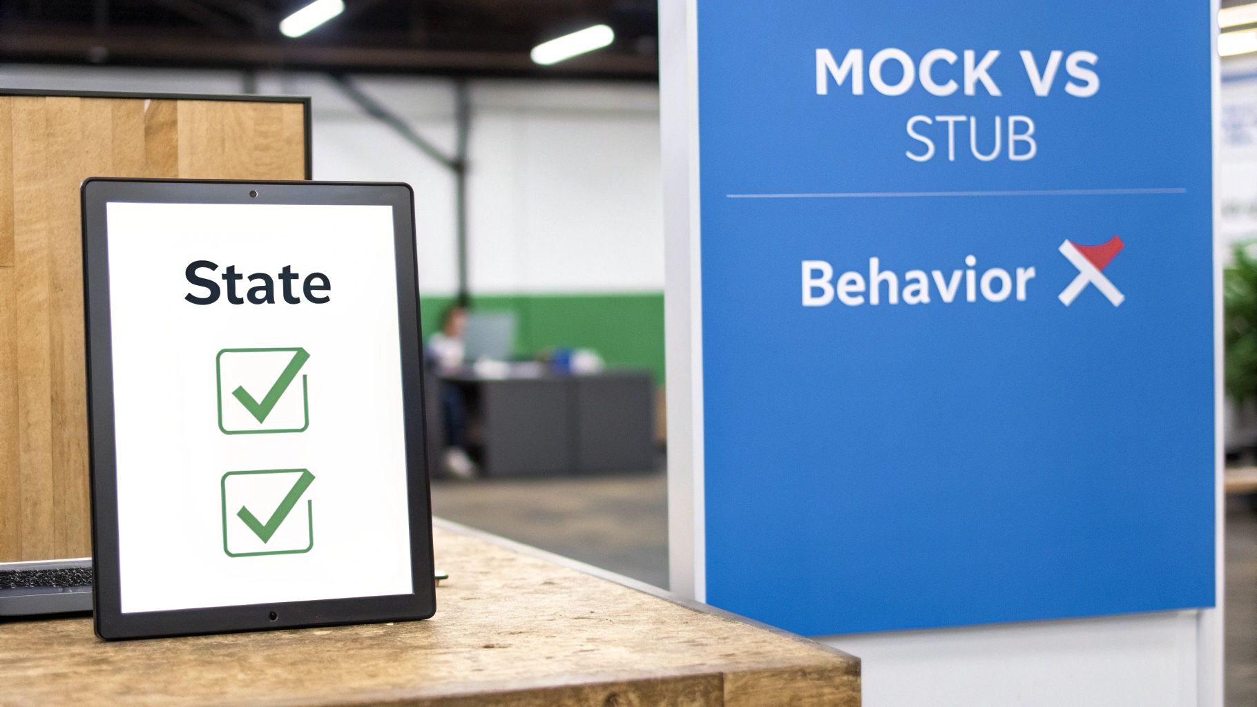 Tablet displaying 'State' with checkmarks, next to a sign about 'MOCK VS STUB' and 'Behavior X'.