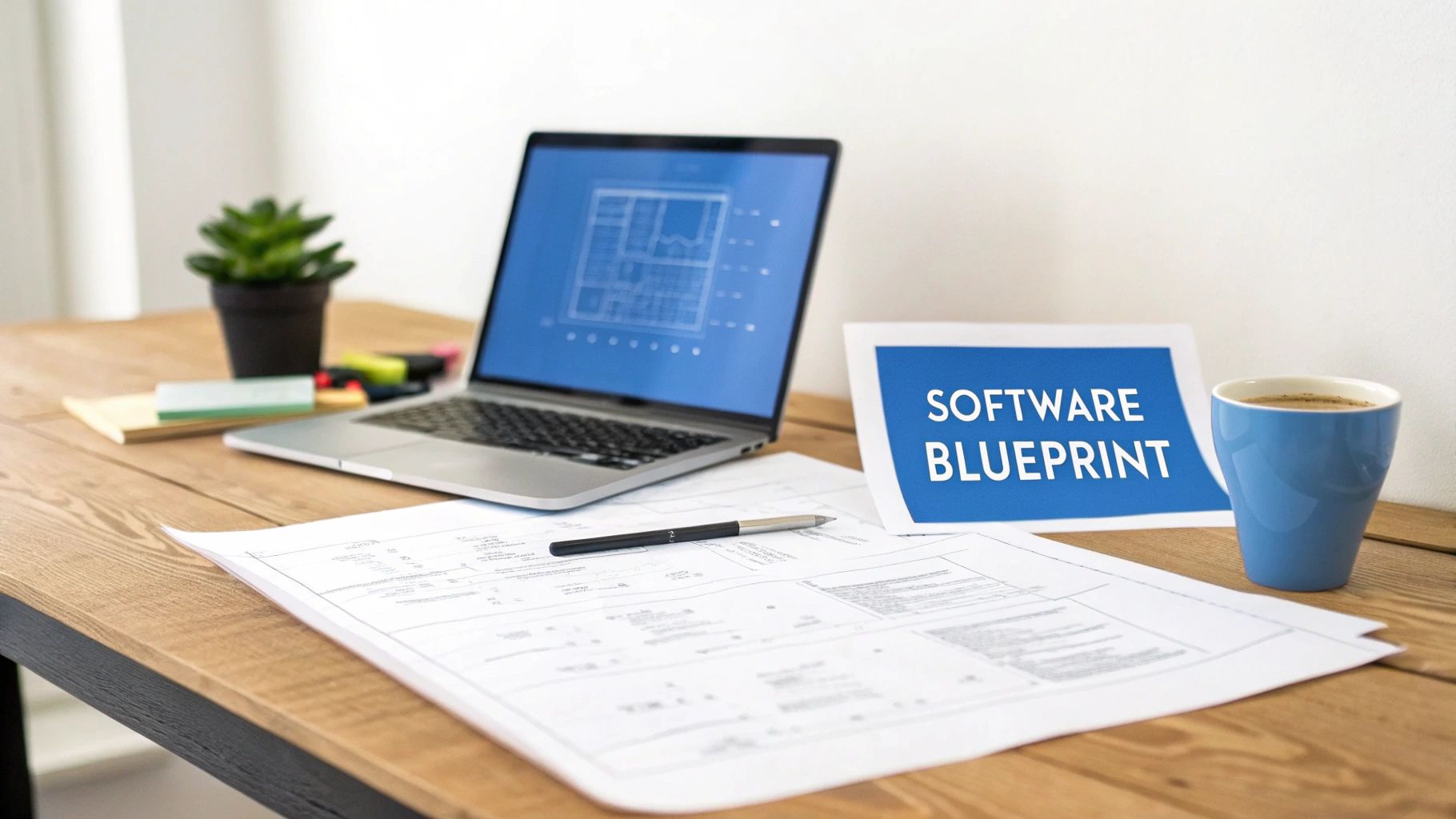 A team collaborating around a table with blueprints, symbolizing a software test plan
