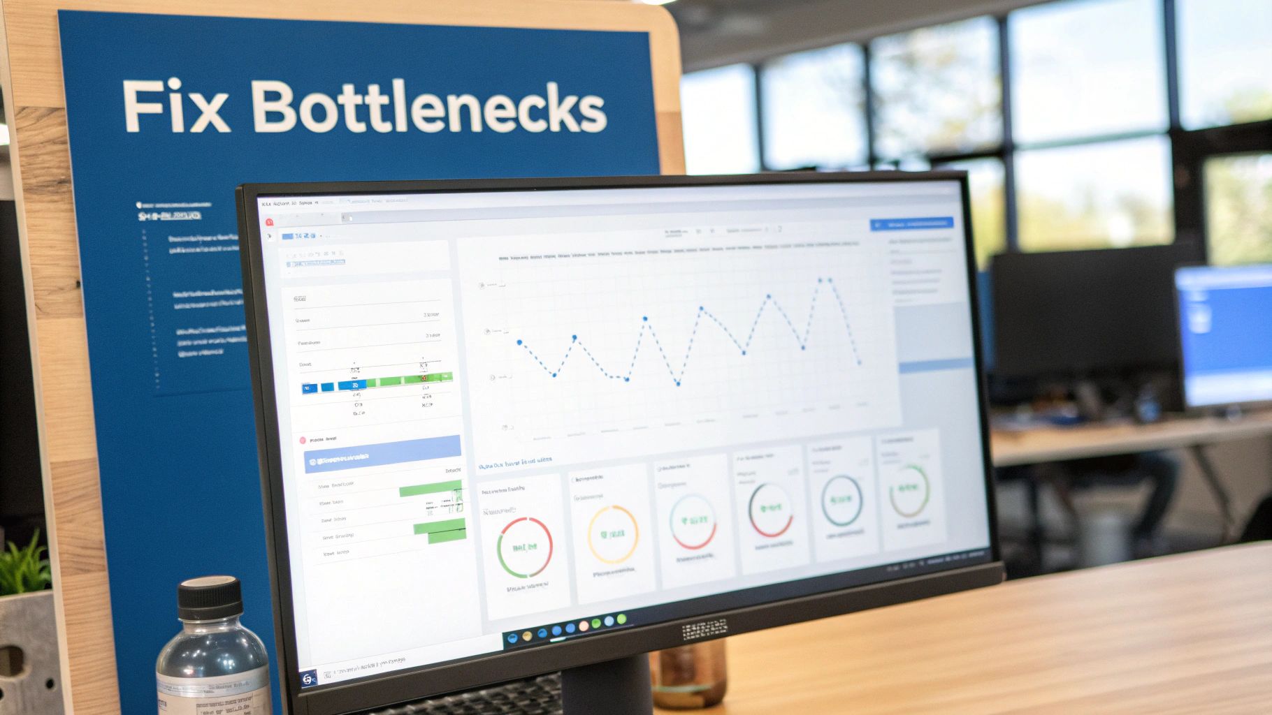 A computer monitor displays data analytics and graphs for performance optimization, with a 'Fix Bottlenecks' sign visible in the background.