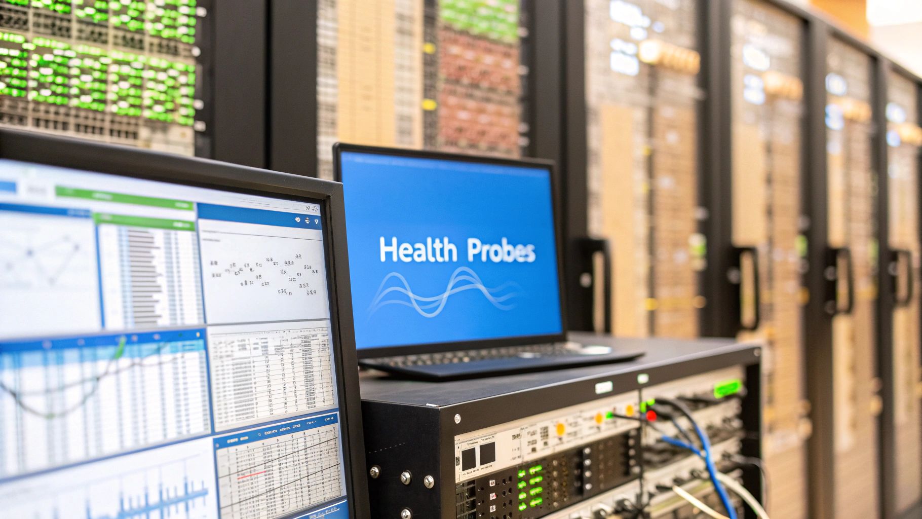 - A photo-realistic server room environment with blurred Kubernetes cluster elements and monitoring dashboards in the background, featuring 'Health Probes' text centered on a solid background block in the golden ratio position, with surrounding network diagrams and server icons slightly subdued to highlight the focal text