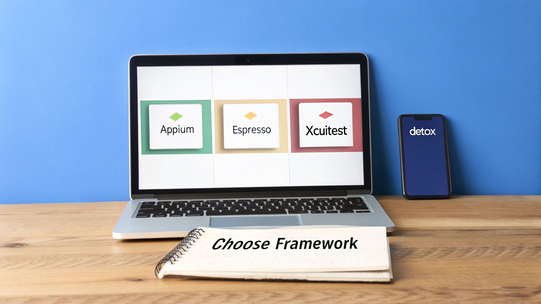 A laptop displaying Appium, Espresso, XCUITest frameworks, a phone with Detox, and a notebook titled 'Choose Framework'.
