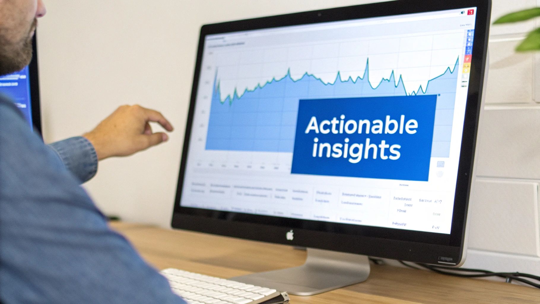 A person's hand pointing at a computer screen displaying a graph with actionable insights.