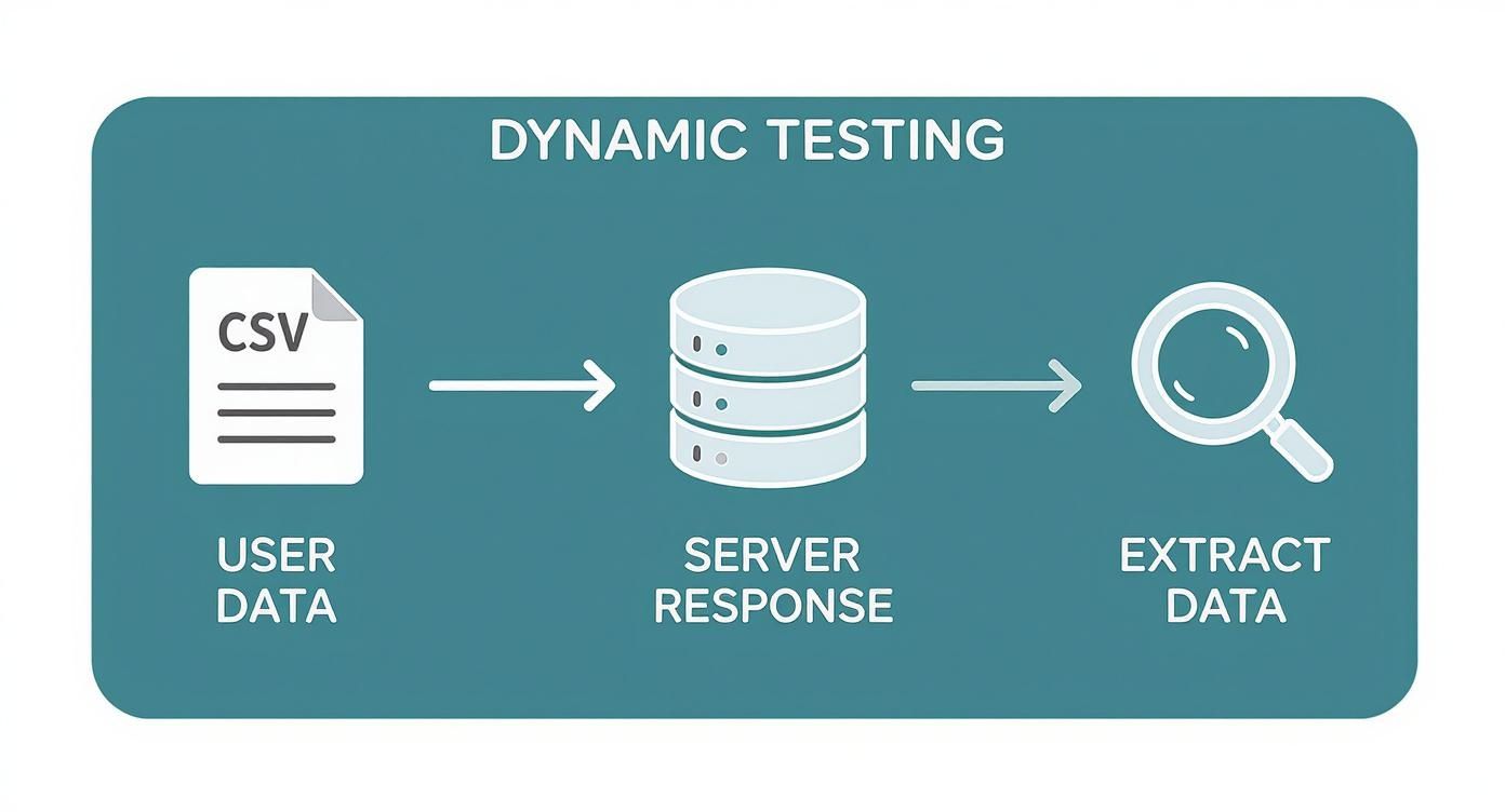 Diagram illustrating dynamic testing data flow: user CSV data to server response and data extraction.