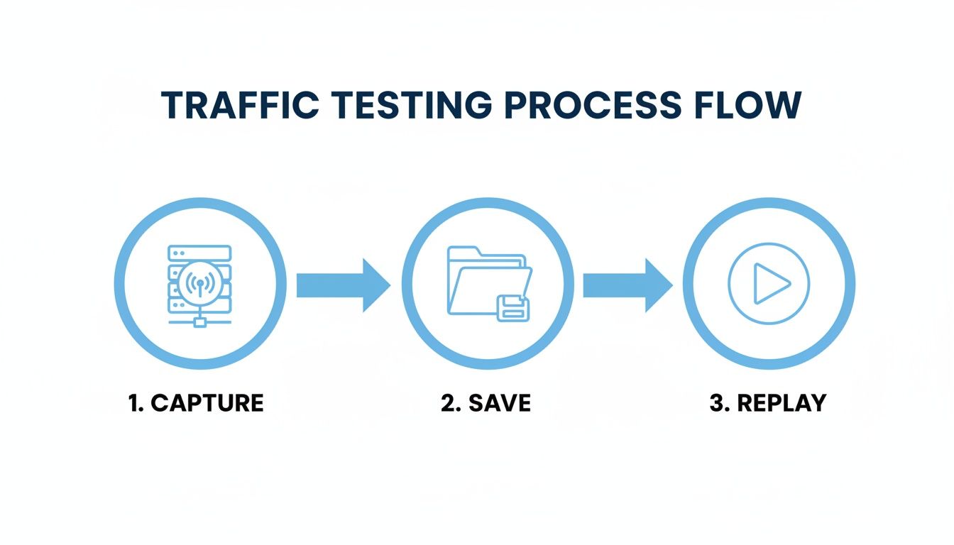 Diagram illustrating the traffic testing process flow with steps: Capture, Save, and Replay.