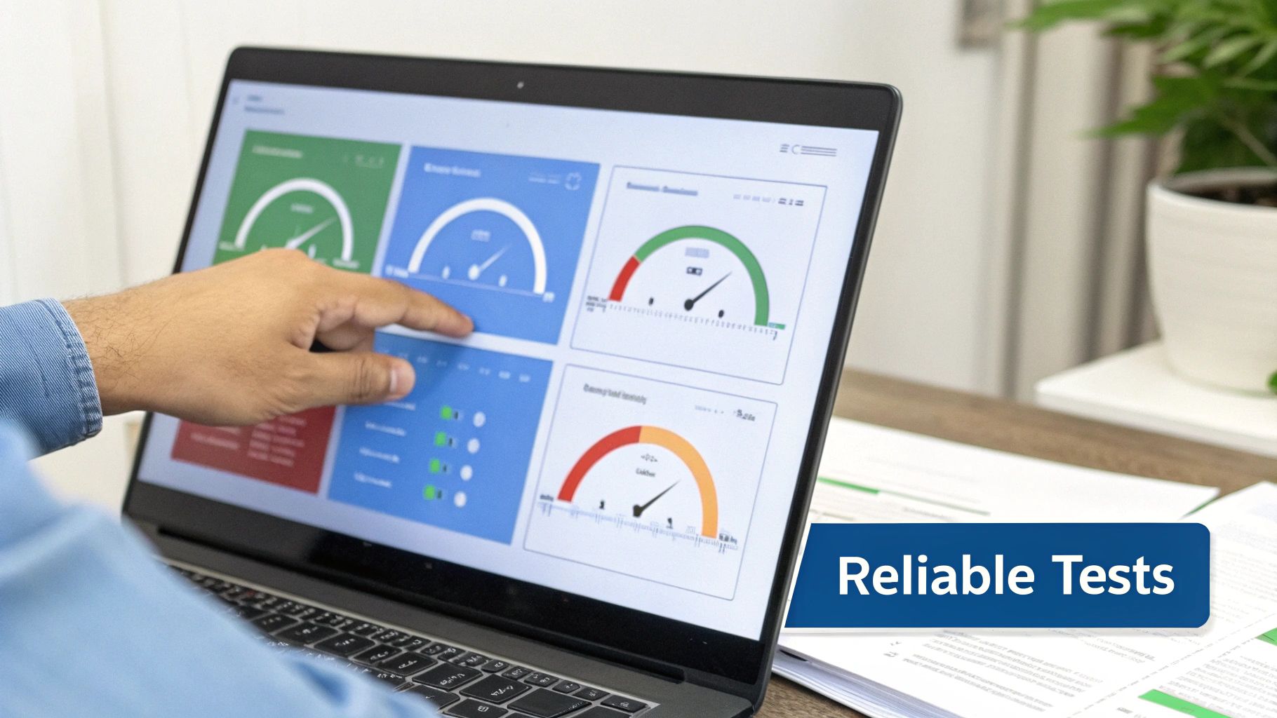 Hand points to a laptop displaying a business dashboard with gauges, indicating data analysis and 'Reliable Tests'.