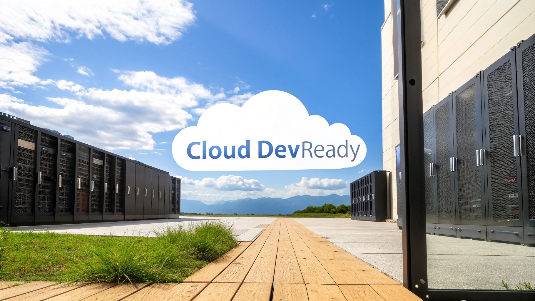- A photo-realistic floating cloud-shaped workspace with faint silhouettes of IDE windows and server racks in the background, featuring 'Cloud Dev Ready' text centered on a solid background block at the golden ratio position