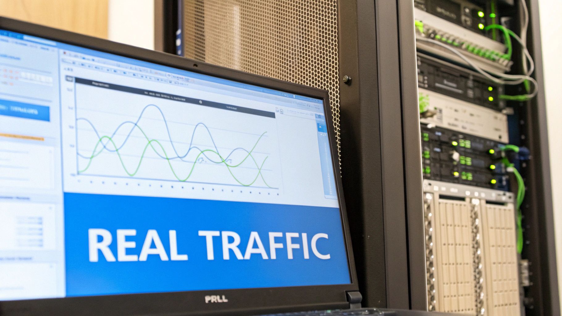 A laptop displays real traffic data with a graph, next to a server rack with blinking green lights.