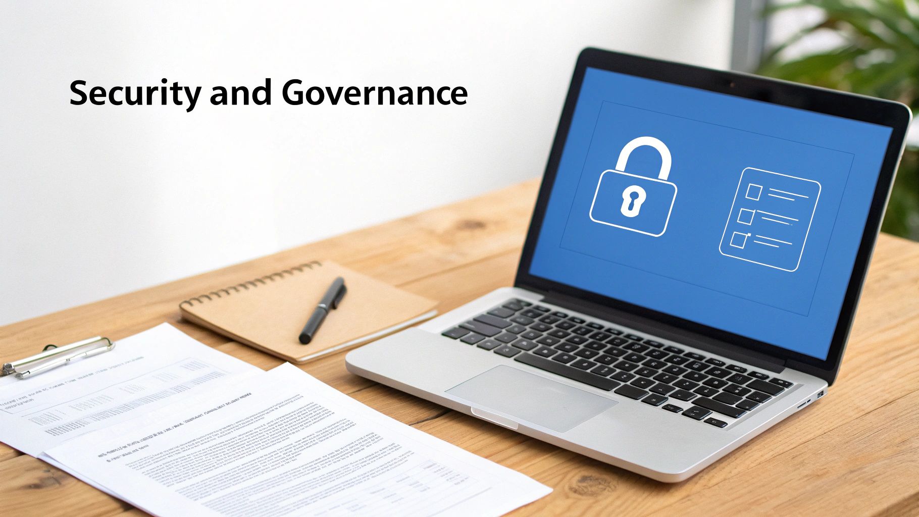 A laptop on a wooden desk displays security and governance icons, with documents and a notebook nearby.