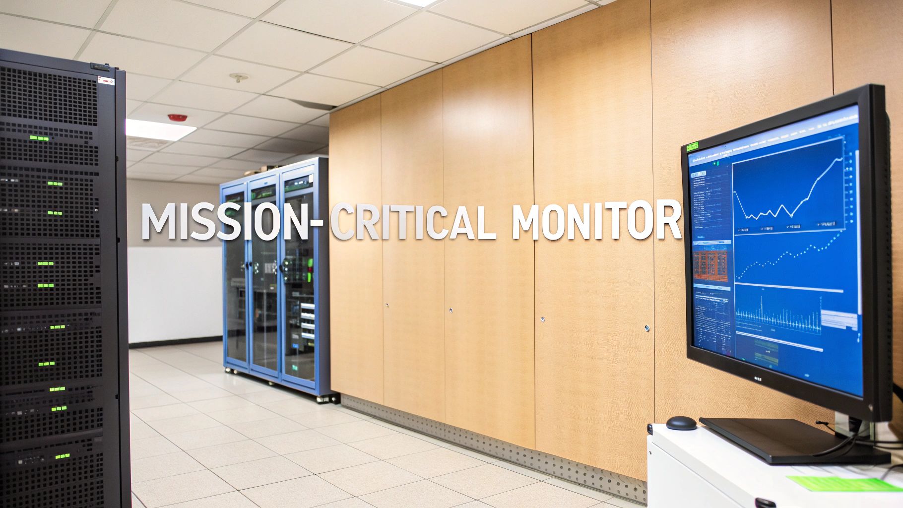 A server room with data racks, a blue-screen monitor showing graphs, and the text 'MISSION-CRITICAL MONITOR'.