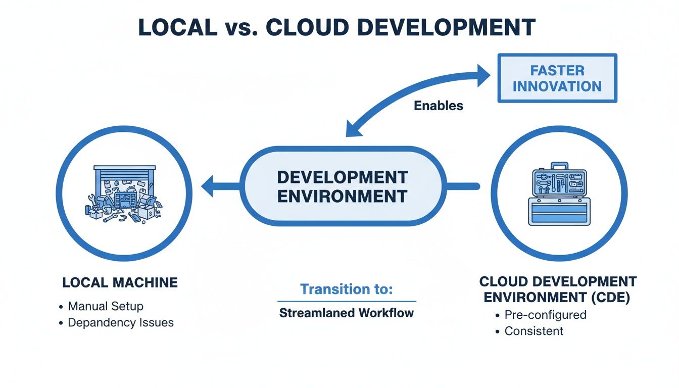 Diagram comparing local machine development with cloud development environments (CDE) for faster innovation.