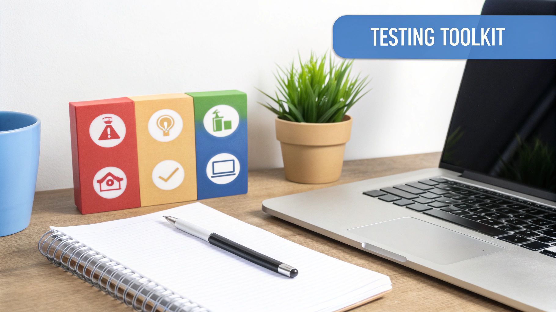 A desk with a laptop, notebook, pen, plant, and colorful blocks with software testing icons.