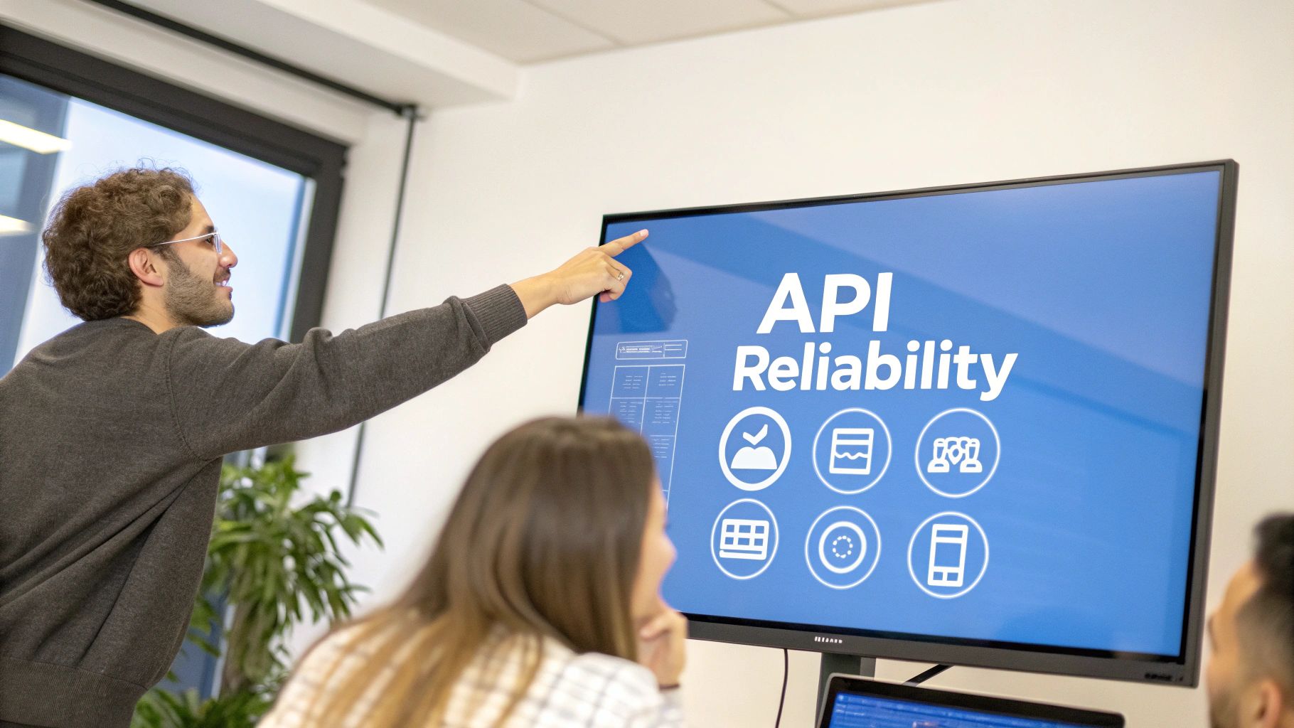 A man points at a large screen displaying 'API Reliability' to a colleague in an office.