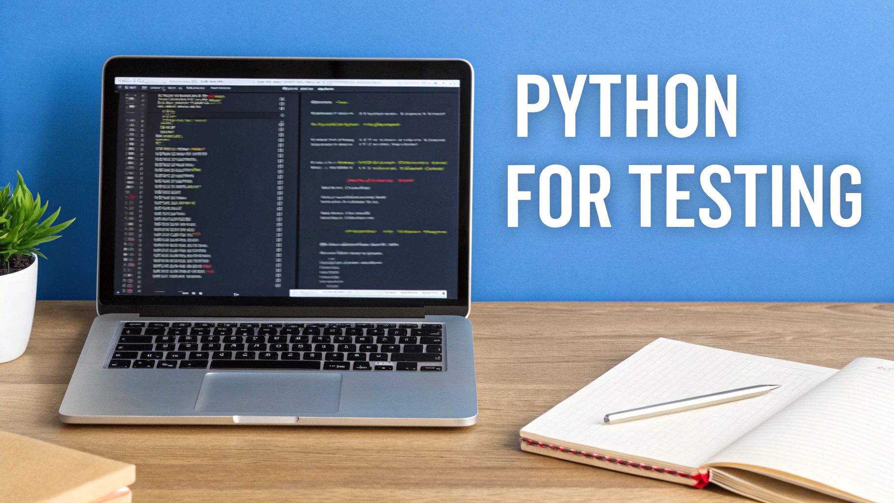A professional software developer working on a laptop with lines of Python code visible, illustrating the concept of test automation with Python.