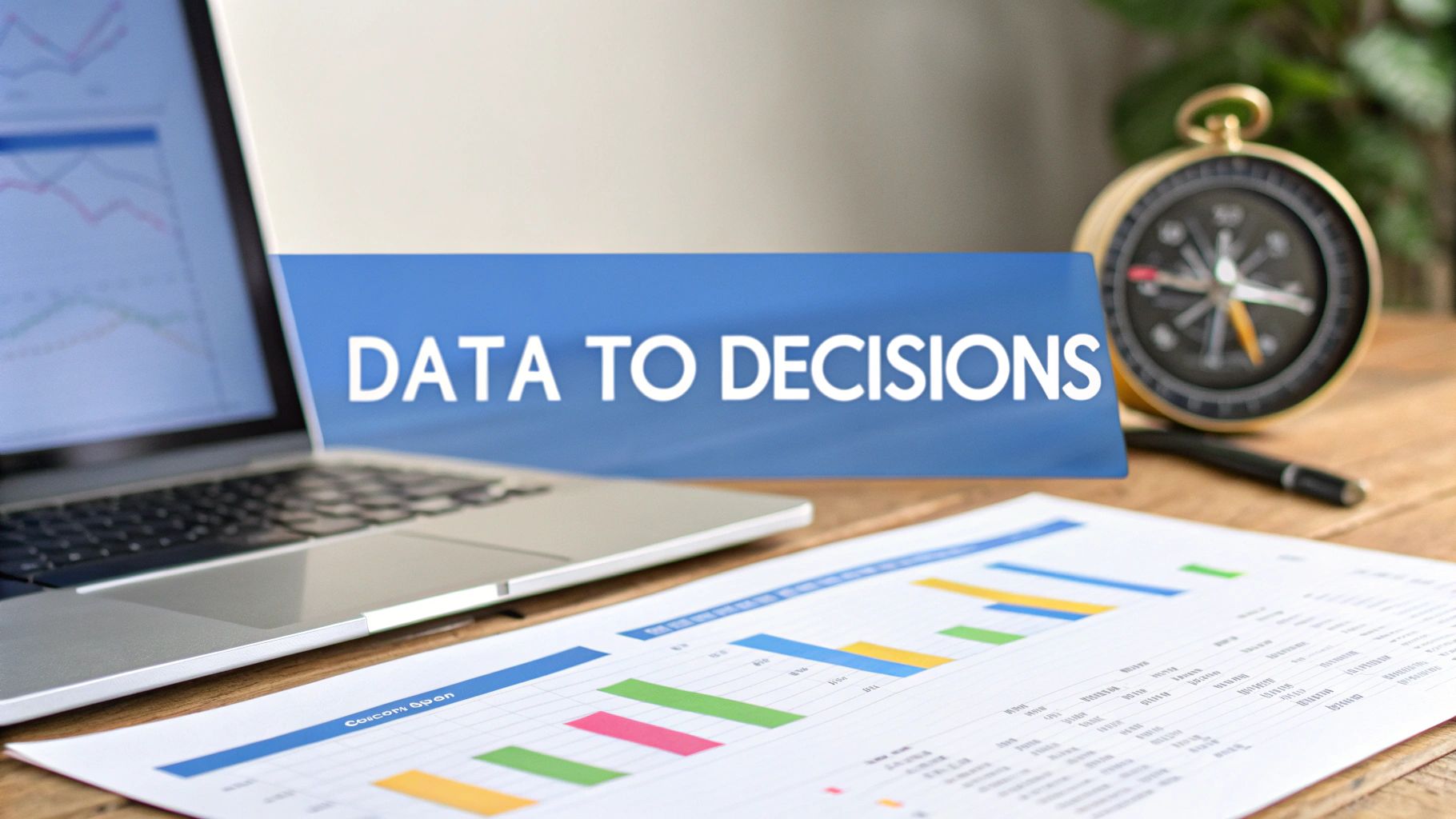 photo-realistic image of a modern workspace with a blurred dashboard on a laptop screen and a compass icon in the background, "Data to Decisions" text centered on a solid background block in the golden ratio position, minimalistic arrangement of test report printouts and charts slightly out of focus to support the theme, subdued surrounding imagery to maintain text prominence