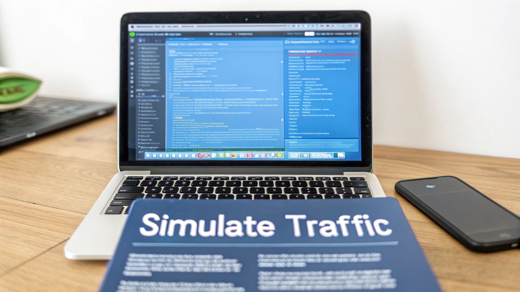 A laptop displaying code, a smartphone, and a book titled 'Simulate Traffic' on a wooden desk.