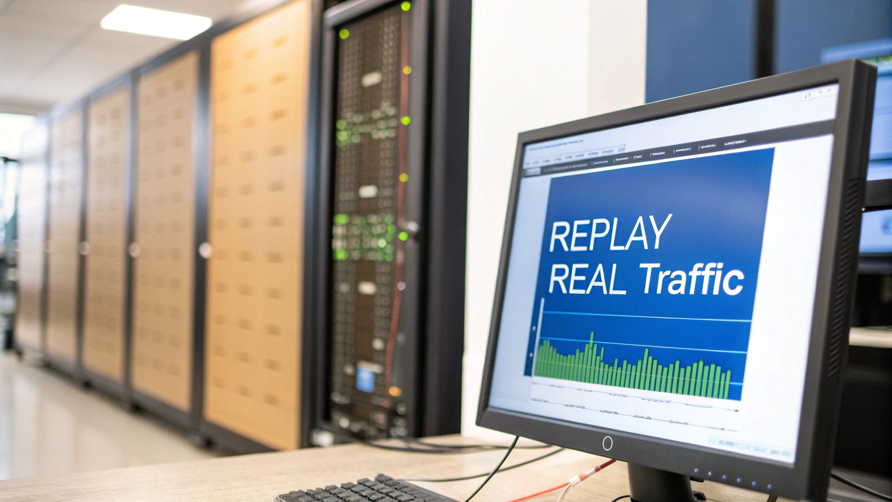 A computer monitor displays 'REPLAY REAL Traffic' and a data graph, with server racks in a data center.