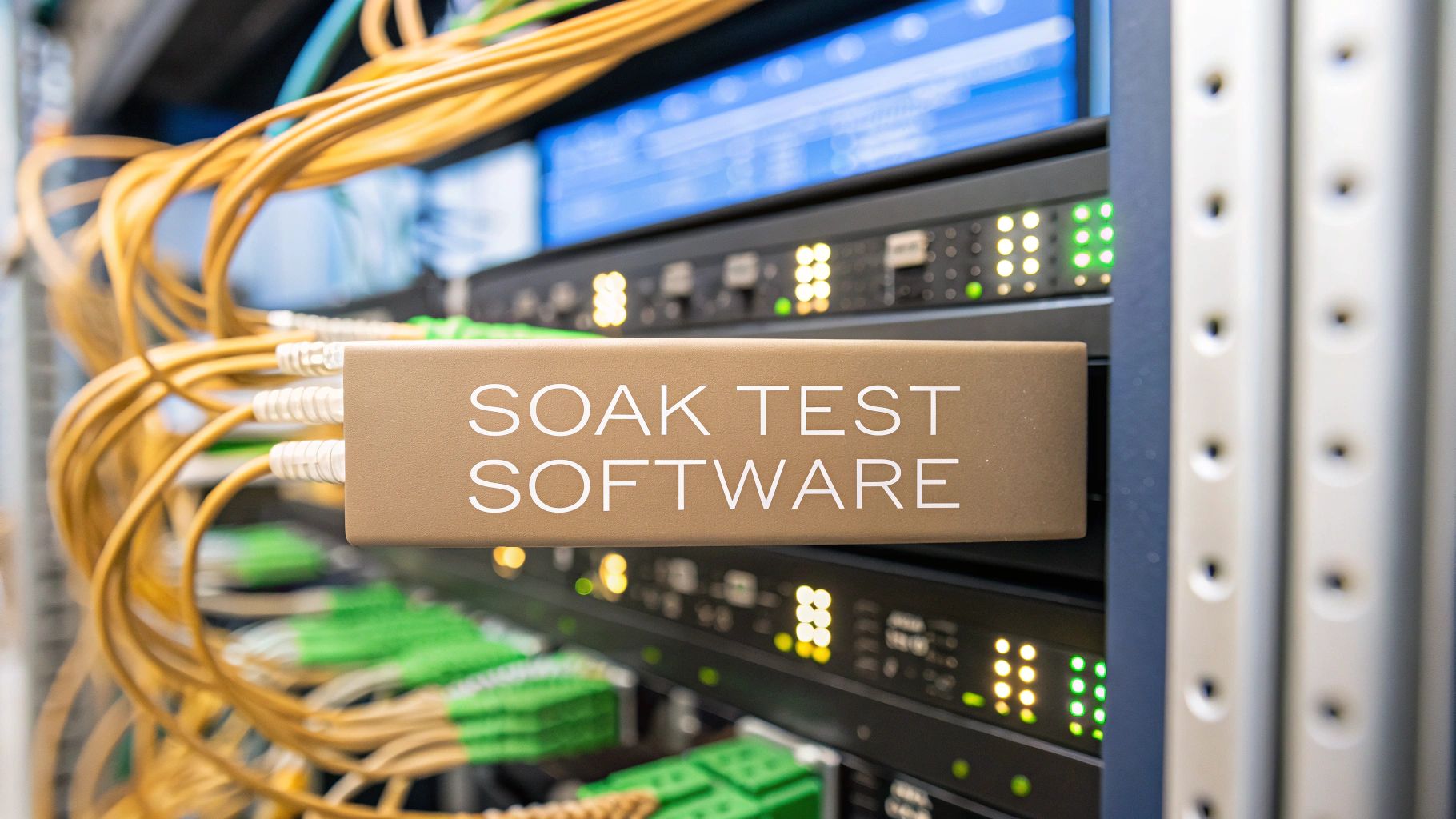 A server room with subtle glowing network cables and performance graphs in the background, featuring "Soak Test Software" text prominently displayed on a solid background block in the golden ratio position. Surrounding imagery includes faint, blurred technical icons like timers, memory chips, and gauge dials to suggest endurance and stability, while keeping the focus on the crisp, high-contrast text block