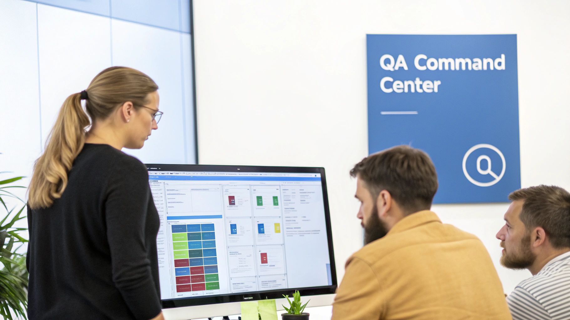 A team collaborates in front of a computer monitor displaying a software dashboard, with a 'QA Command Center' sign.