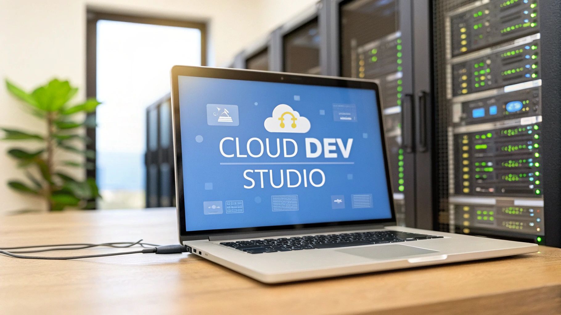 A photorealistic scene depicting a modern cloud development environment: subtle server racks and floating cloud icons behind a sleek laptop, code snippets faintly glowing on screens, all softly blurred to emphasize the centerpiece. âCloud Dev Studioâ text centered on a solid background block in the golden ratio position, rendered with sharp, high-contrast edges. Brand & text realism style, minimalistic and visually striking, no other text overlays.