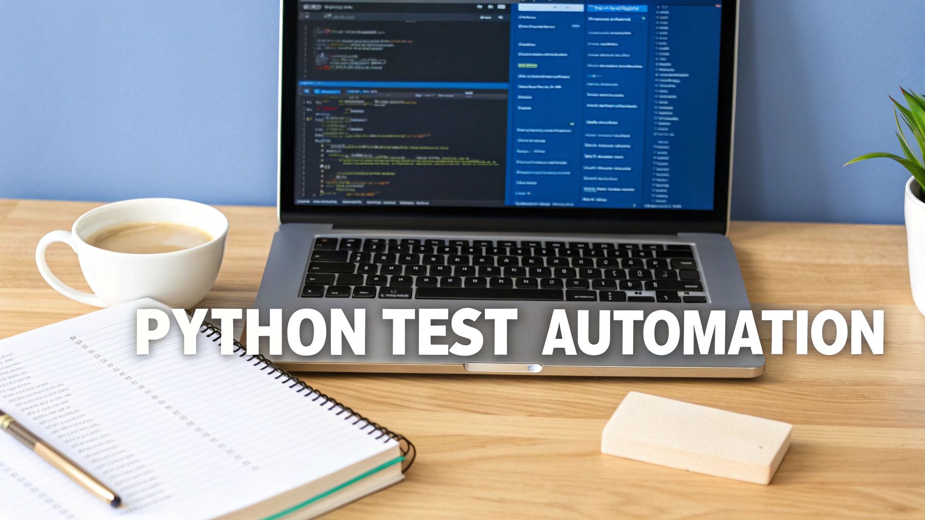 A laptop displaying code, a coffee cup, notebook, and pen on a desk with 'PYTHON TEST AUTOMATION' text.